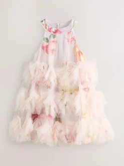 Baker by Ted Baker Pink 3D Fluffy Ruffle Mesh Overlay Halter Dress Best