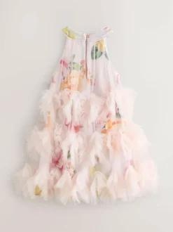 Baker by Ted Baker Pink 3D Fluffy Ruffle Mesh Overlay Halter Dress Best