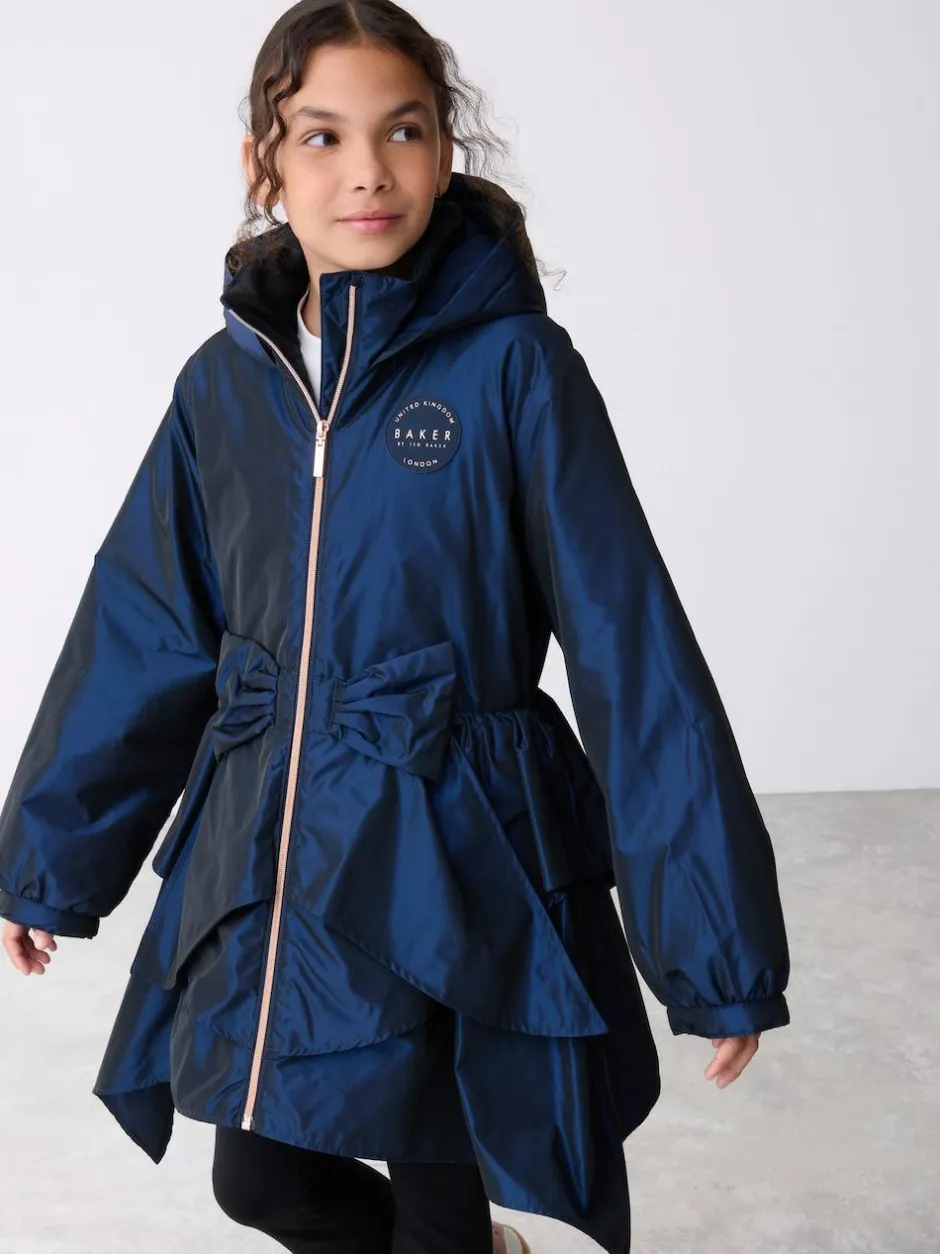 Baker by Ted Baker Shower Resistant Bow Frill Raincoat Navy New