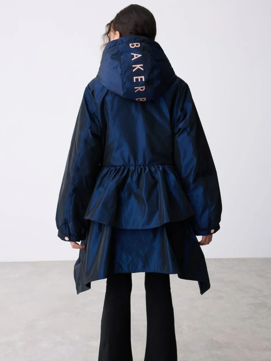 Baker by Ted Baker Shower Resistant Bow Frill Raincoat Navy New