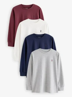 Next Stag Logo Long Sleeve Cosy T-Shirts 4 Pack (3-16yrs) Berry Red/Grey/White/Blue