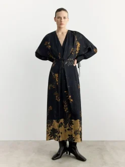 BHOEM Satin Floral Print Kimono Midi Black Dress Online
