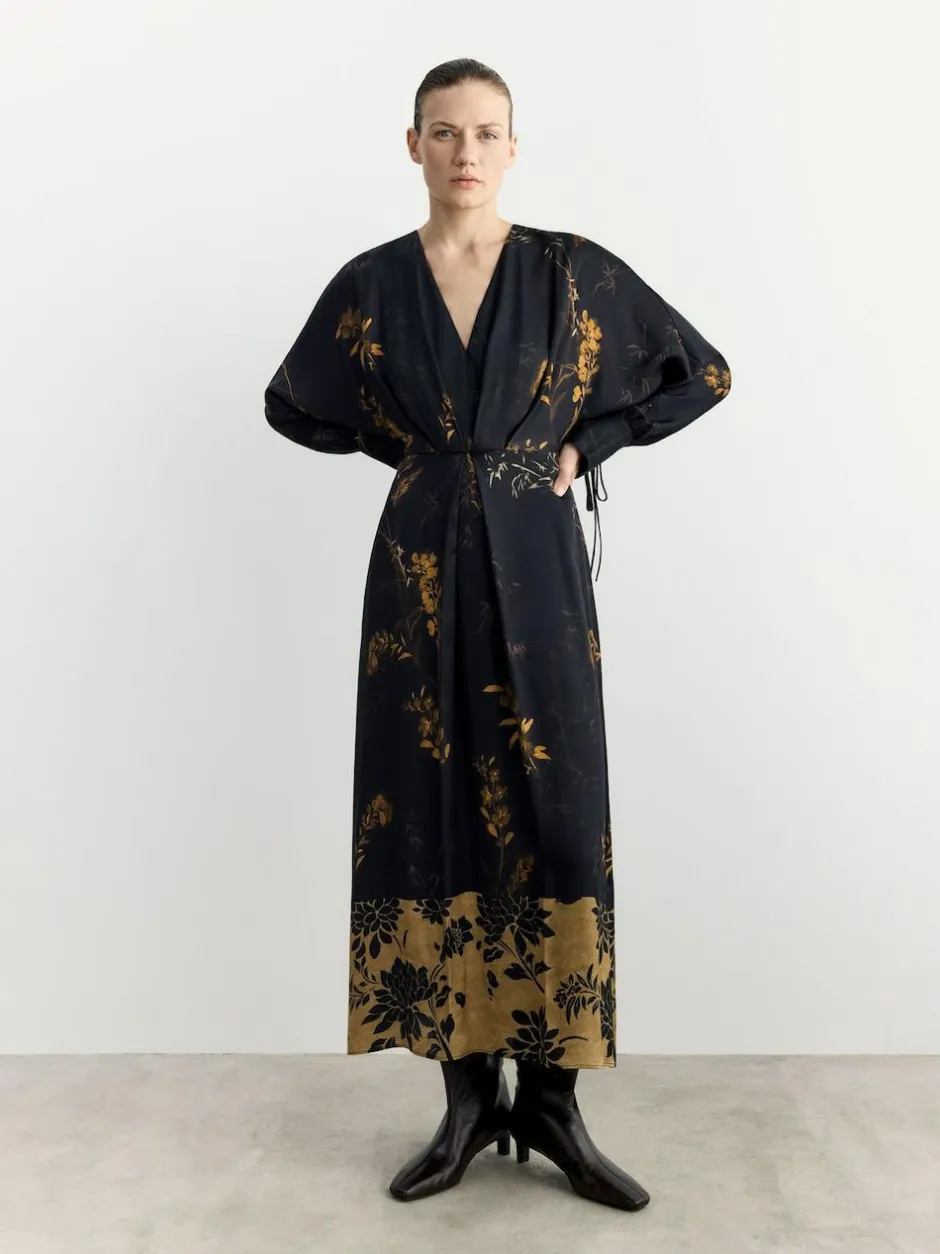 BHOEM Satin Floral Print Kimono Midi Black Dress Online