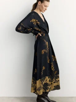 BHOEM Satin Floral Print Kimono Midi Black Dress Online