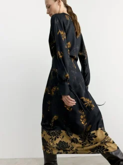 BHOEM Satin Floral Print Kimono Midi Black Dress Online
