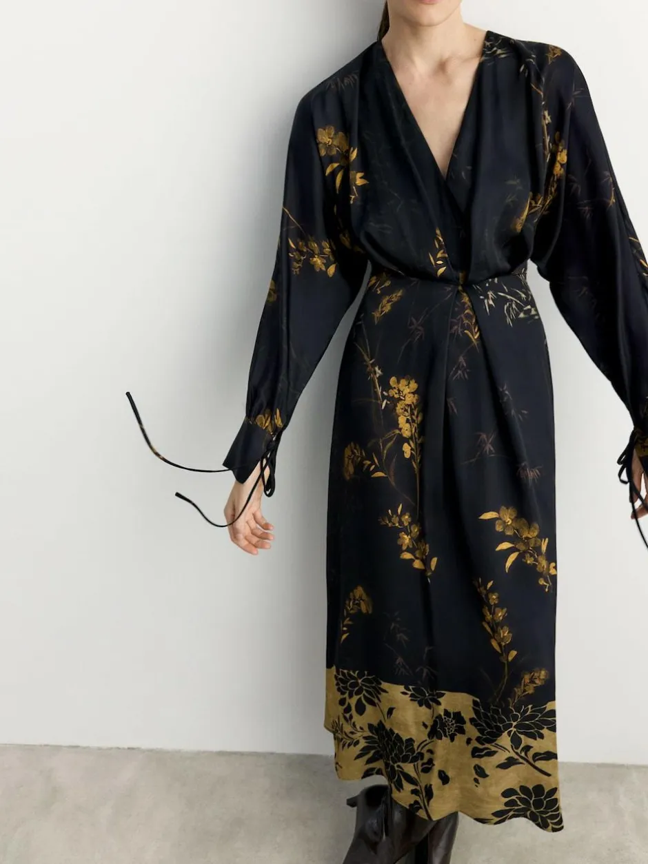 BHOEM Satin Floral Print Kimono Midi Black Dress Online