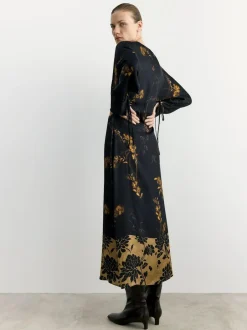 BHOEM Satin Floral Print Kimono Midi Black Dress Online