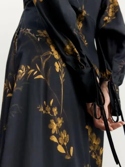 BHOEM Satin Floral Print Kimono Midi Black Dress Online
