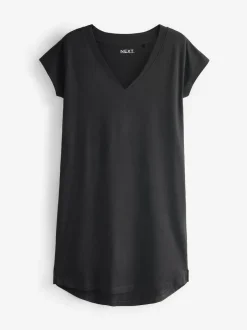 Next 100% Cotton Cap Sleeve V-Neck Mini Dress Black Online