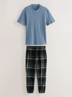 Next Textured Cosy Motionflex Cuffed Pyjamas Set Black Check Hot