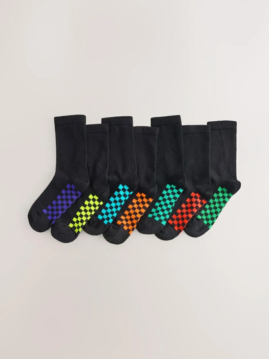 Next Black Checkerboard Cotton Rich Socks 7 Pack Clearance