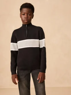 Next Colourblock Zip Neck Knitted Jumper (3-16yrs) Black