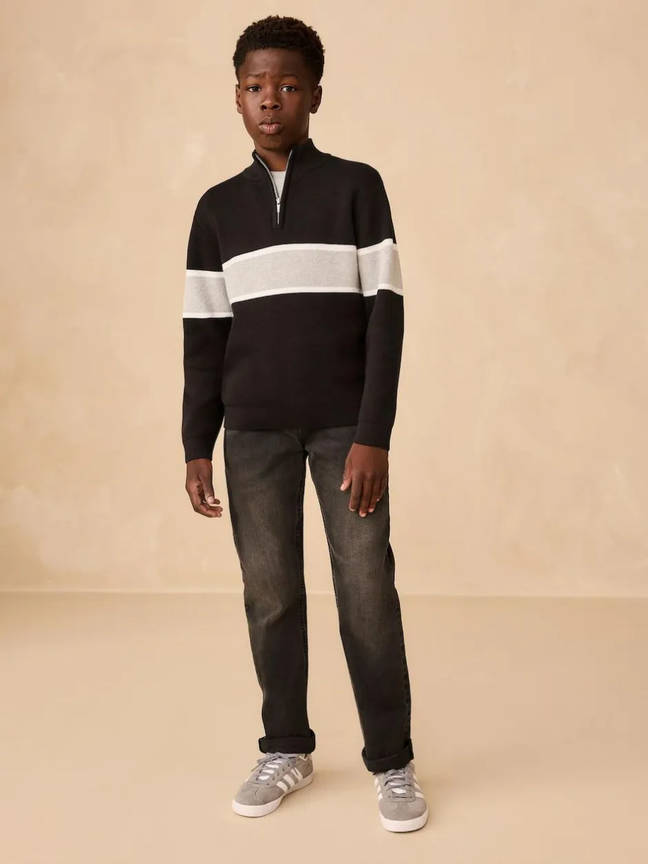 Next Colourblock Zip Neck Knitted Jumper (3-16yrs) Black