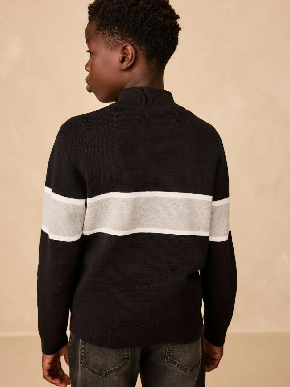 Next Colourblock Zip Neck Knitted Jumper (3-16yrs) Black