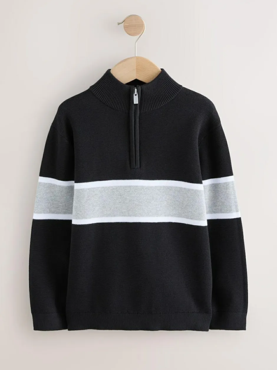 Next Colourblock Zip Neck Knitted Jumper (3-16yrs) Black