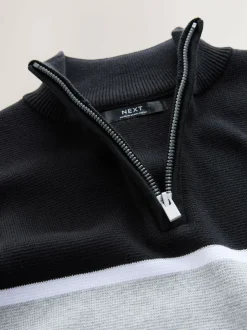 Next Colourblock Zip Neck Knitted Jumper (3-16yrs) Black