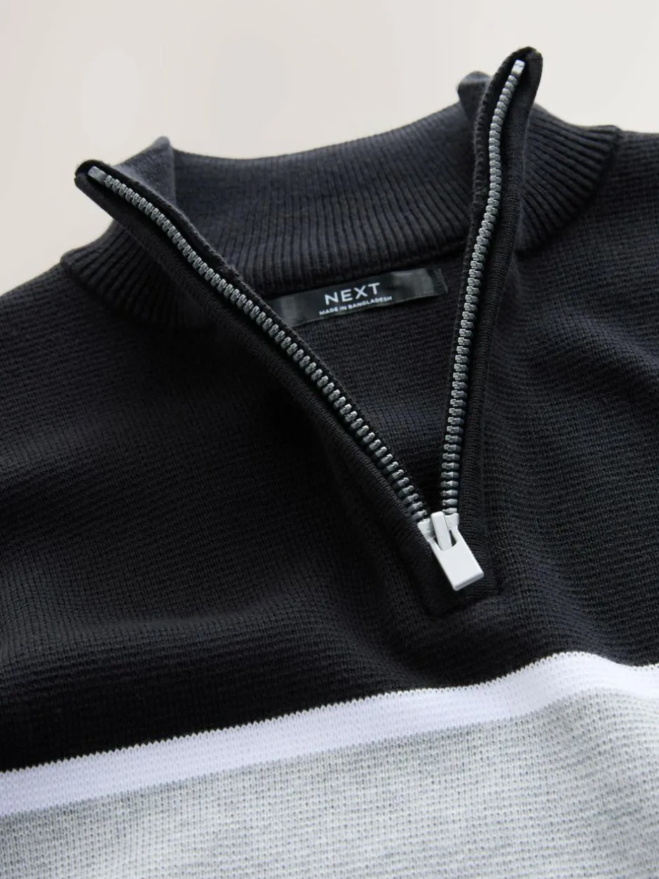 Next Colourblock Zip Neck Knitted Jumper (3-16yrs) Black