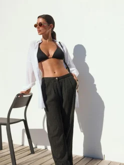 Next Black Crinkle Textured Wide Leg Trousers With Linen Clearance