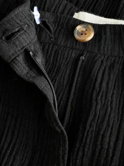 Next Black Crinkle Textured Wide Leg Trousers With Linen Clearance