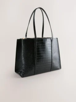 Next Structured Tote Bag Black Croc Effect Outlet