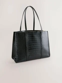 Next Structured Tote Bag Black Croc Effect Outlet