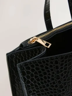 Next Structured Tote Bag Black Croc Effect Outlet