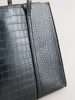 Next Structured Tote Bag Black Croc Effect Outlet
