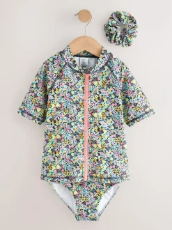 Next Sunsafe Rash Vest Bikini And Scrunchie Swim Set (3-16yrs) Black Ditsy Floral Discount