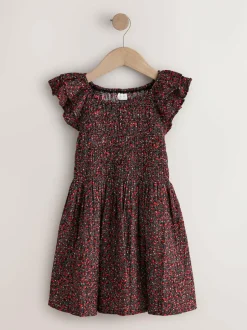 Next Smocked Frill Sleeve Dress (3-16yrs) Black Ditsy