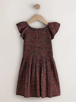 Next Smocked Frill Sleeve Dress (3-16yrs) Black Ditsy