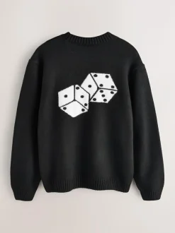 Next Black EDIT Knitted Graphic Crew Neck Jumper Best