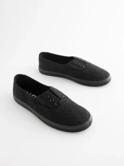 Next Embroidered Laceless Canvas Slip On Trainers Black Discount