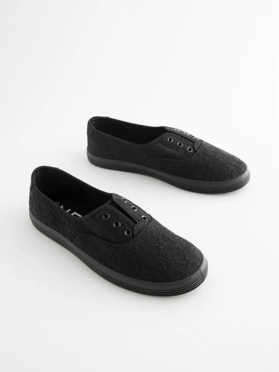 Next Embroidered Laceless Canvas Slip On Trainers Black Discount