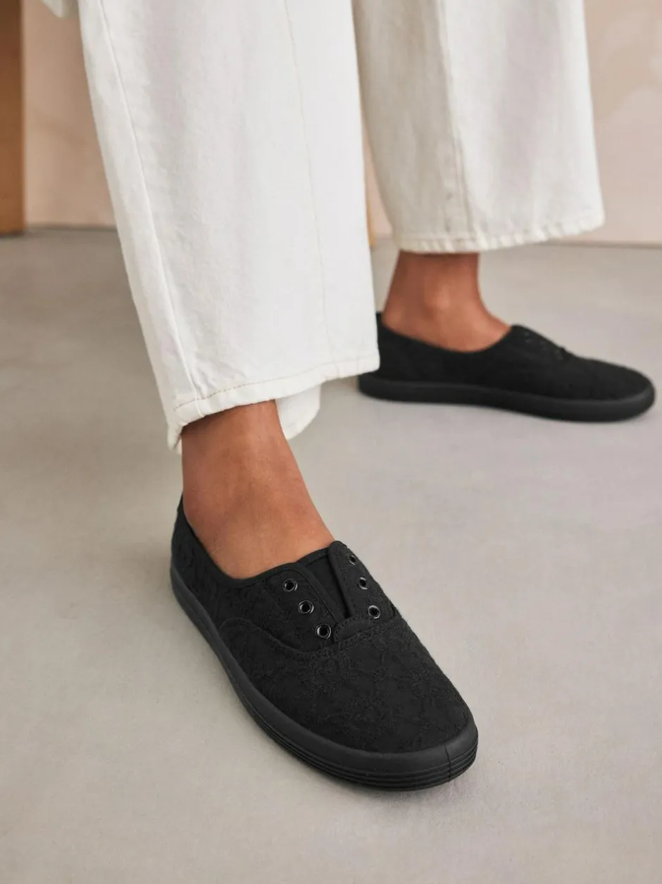 Next Embroidered Laceless Canvas Slip On Trainers Black Discount