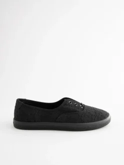 Next Embroidered Laceless Canvas Slip On Trainers Black Discount