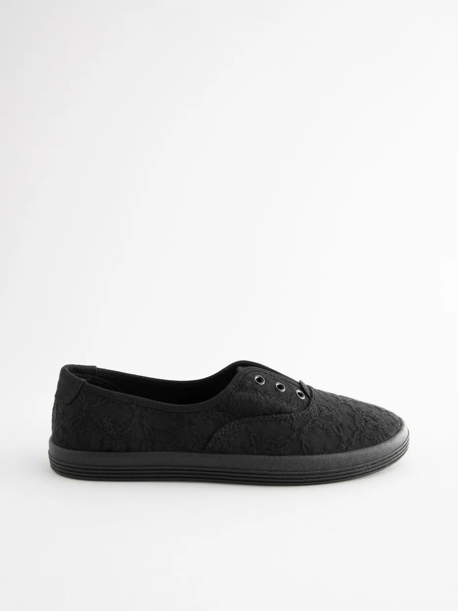 Next Embroidered Laceless Canvas Slip On Trainers Black Discount