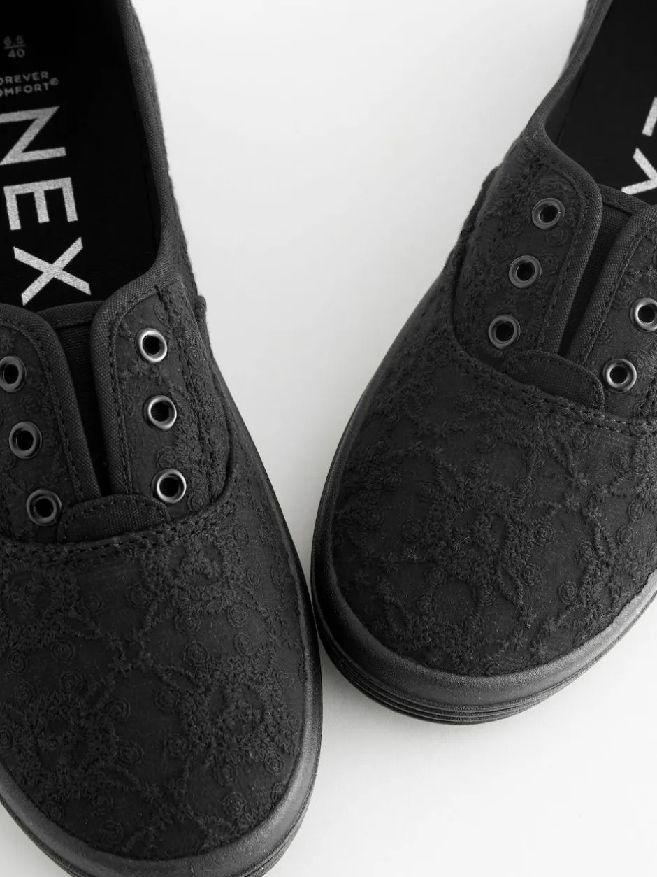 Next Embroidered Laceless Canvas Slip On Trainers Black Discount