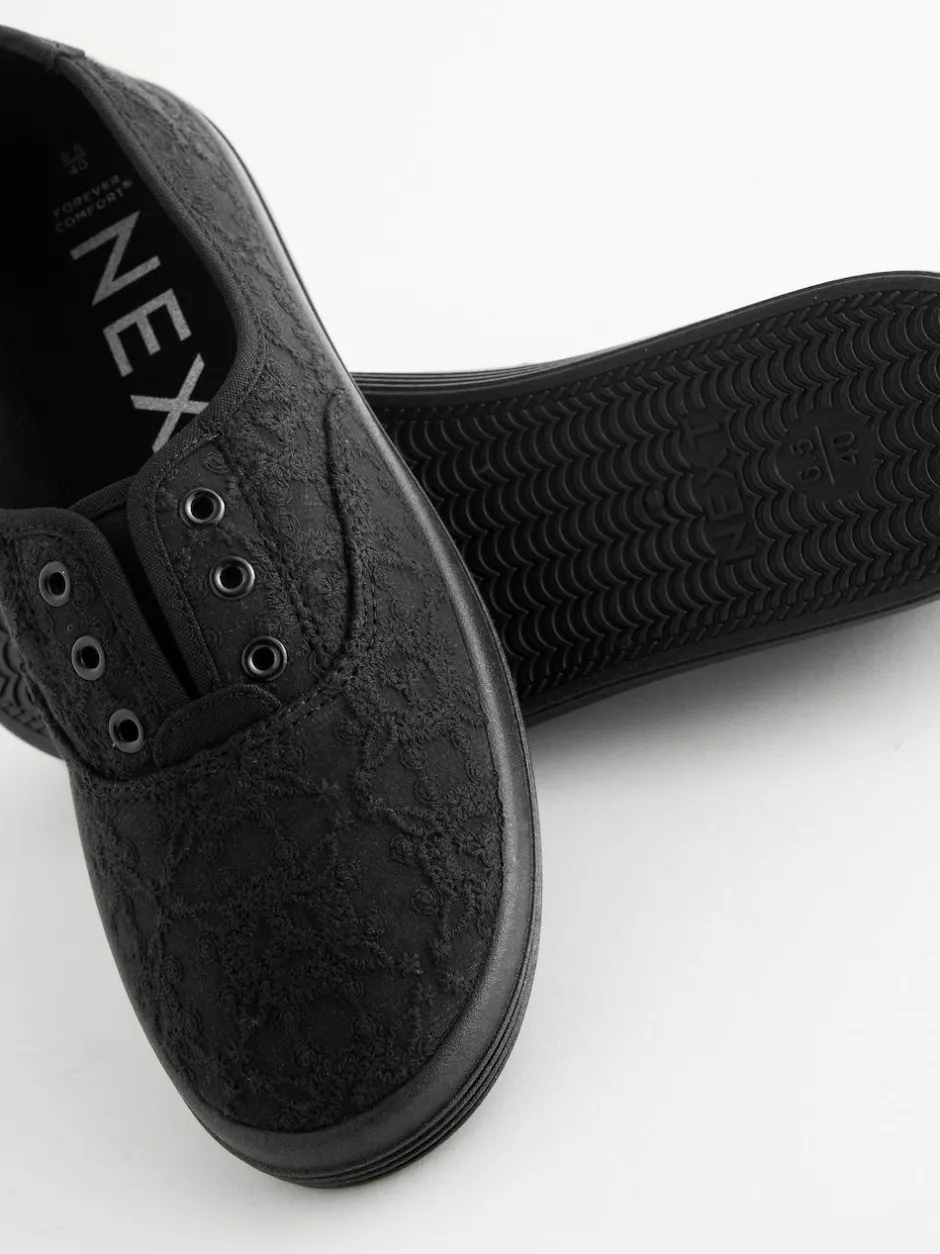 Next Embroidered Laceless Canvas Slip On Trainers Black Discount