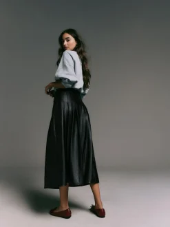 Next Faux Leather Midi Kilt Skirt Black Hot