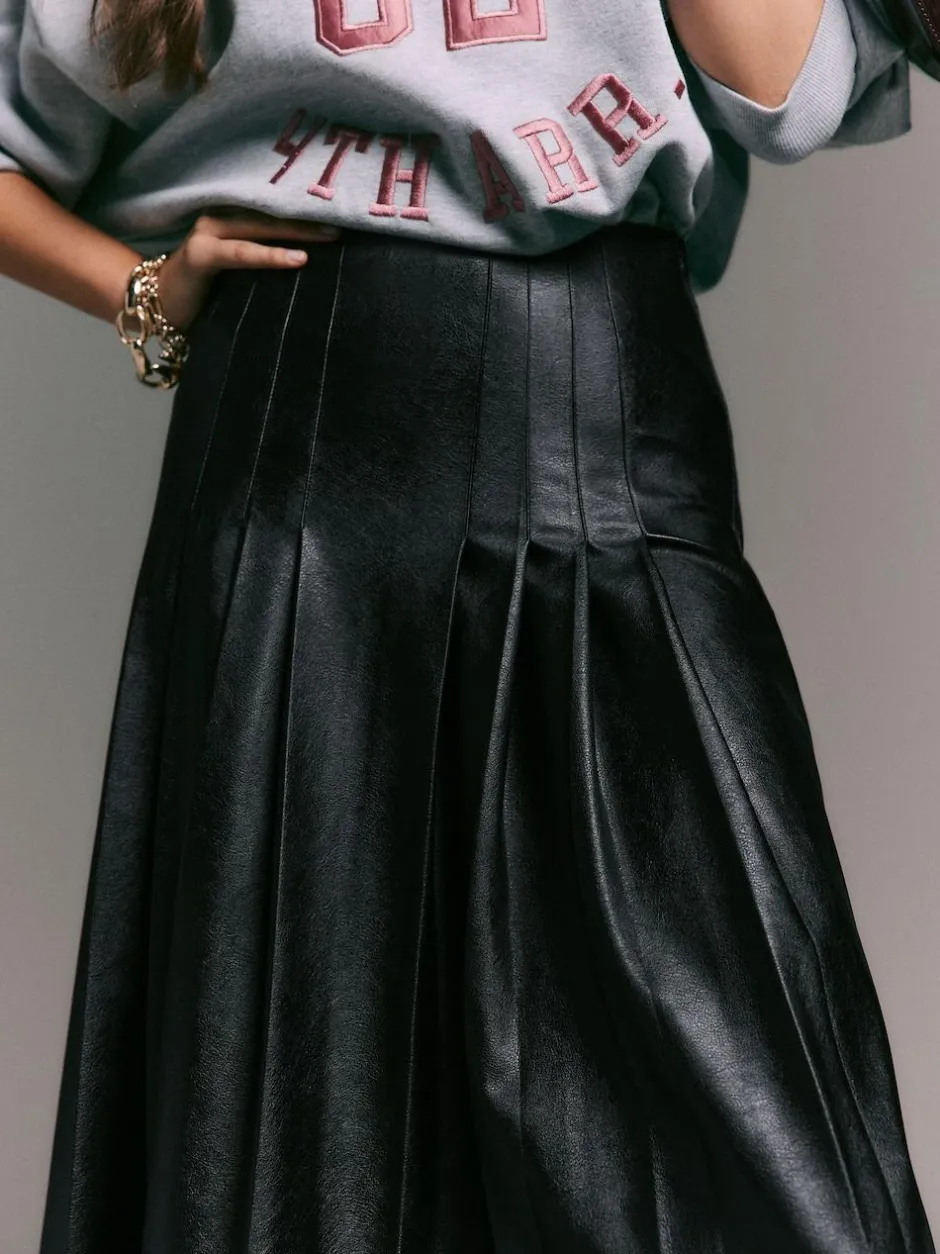Next Faux Leather Midi Kilt Skirt Black Hot