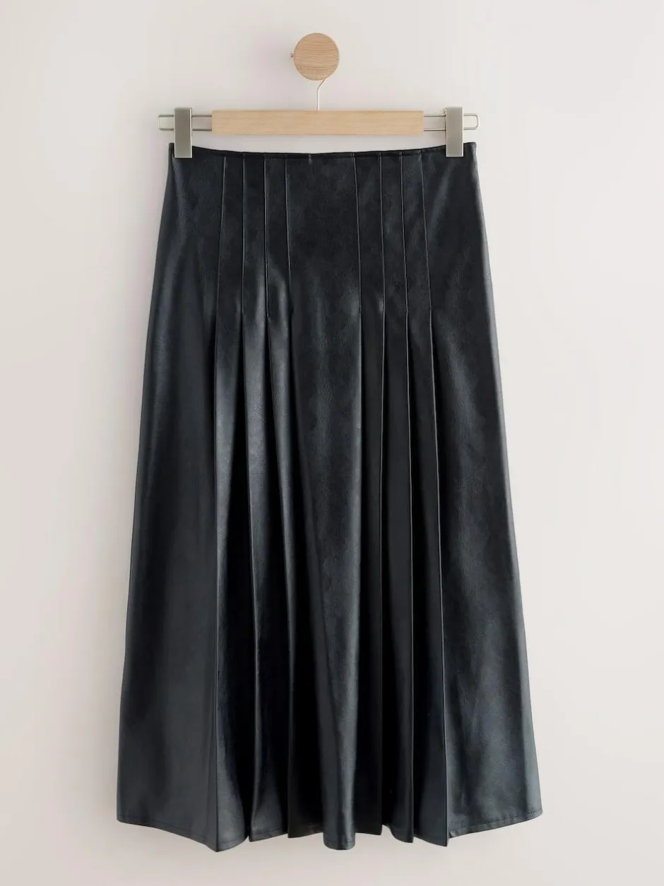 Next Faux Leather Midi Kilt Skirt Black Hot