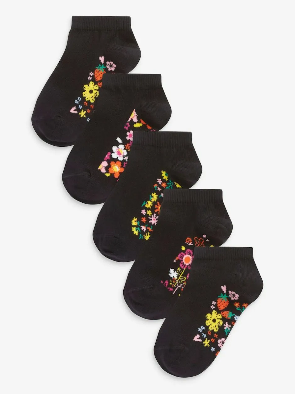 Next 5 Pack Cotton Rich Footbed Trainer Socks Black Floral Hot