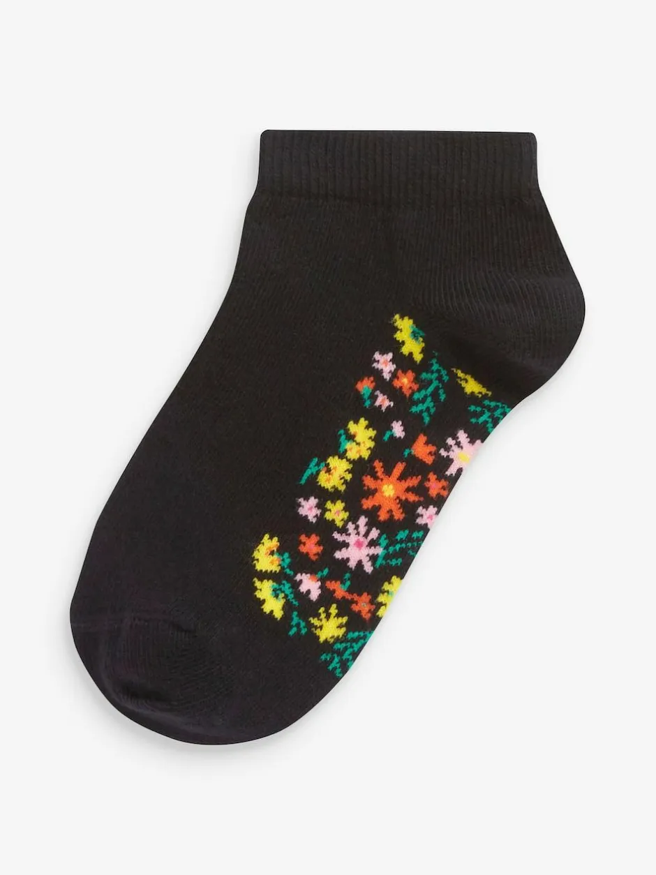 Next 5 Pack Cotton Rich Footbed Trainer Socks Black Floral Hot
