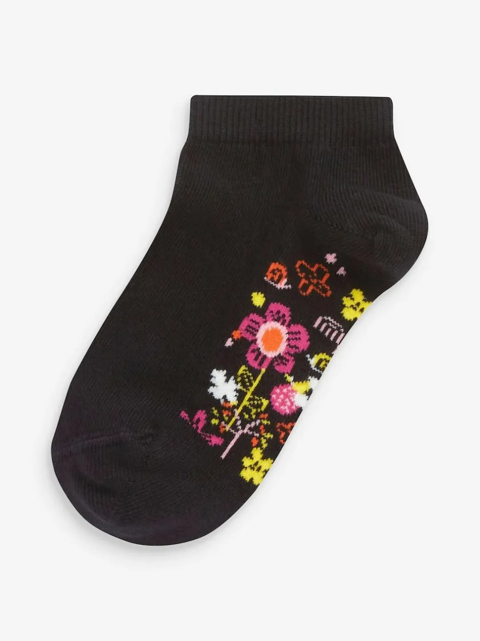 Next 5 Pack Cotton Rich Footbed Trainer Socks Black Floral Hot
