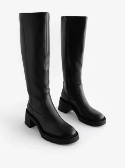 Next Black Forever Comfort® Chunky Heeled Round Toe Knee High Boots