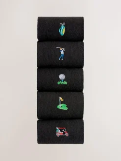 Next Fun Embroidered Socks 5 Pack Black Golfing New