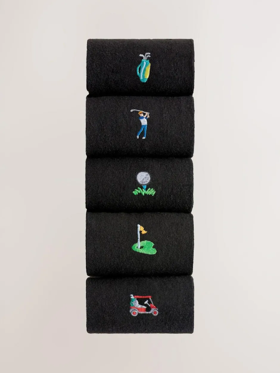 Next Fun Embroidered Socks 5 Pack Black Golfing New