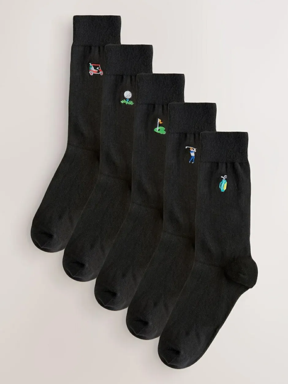 Next Fun Embroidered Socks 5 Pack Black Golfing New