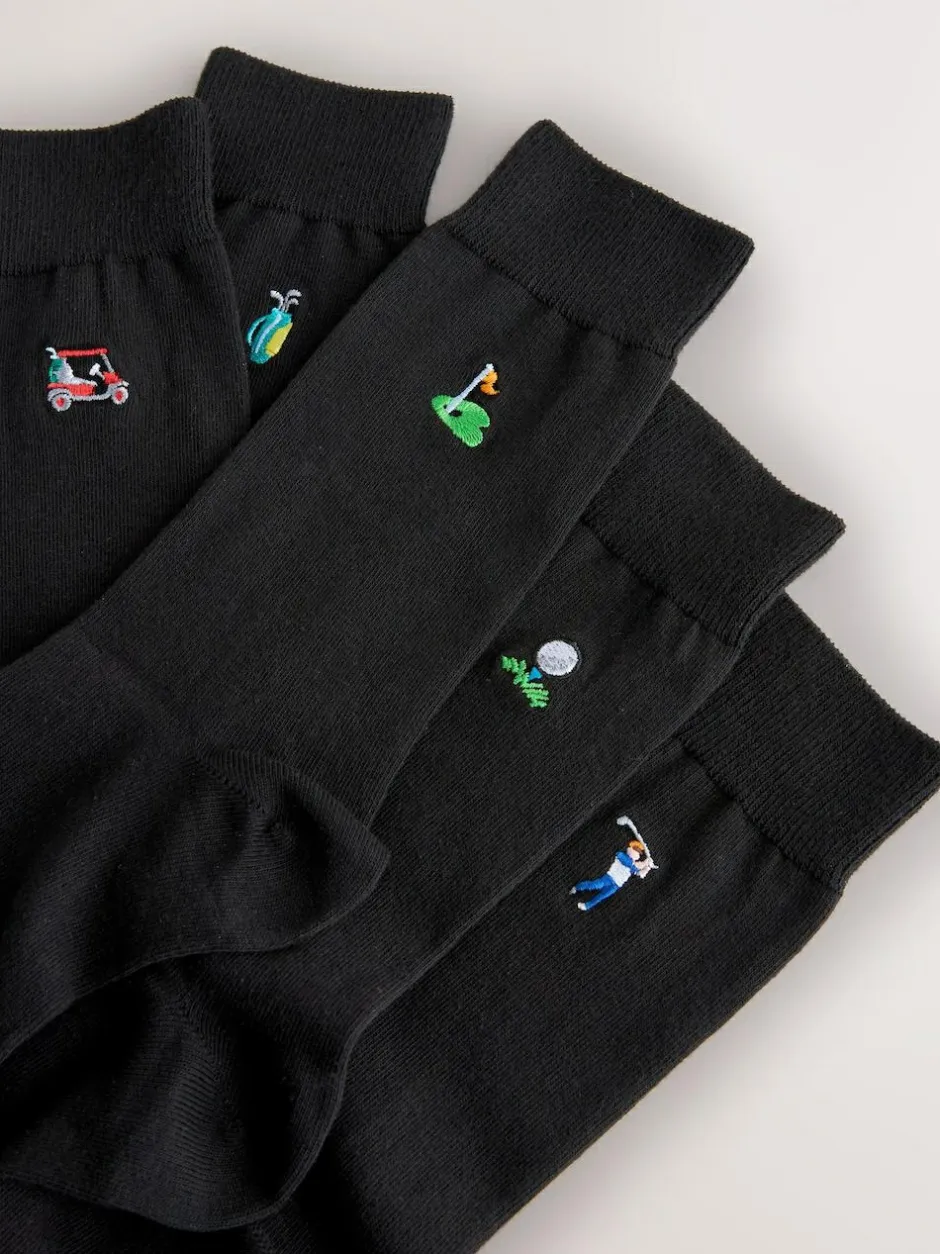 Next Fun Embroidered Socks 5 Pack Black Golfing New