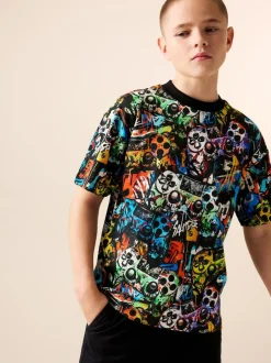 Next Relaxed Fit Short Sleeve All-Over Print T-Shirt (3-16yrs) Black Graffiti Controller